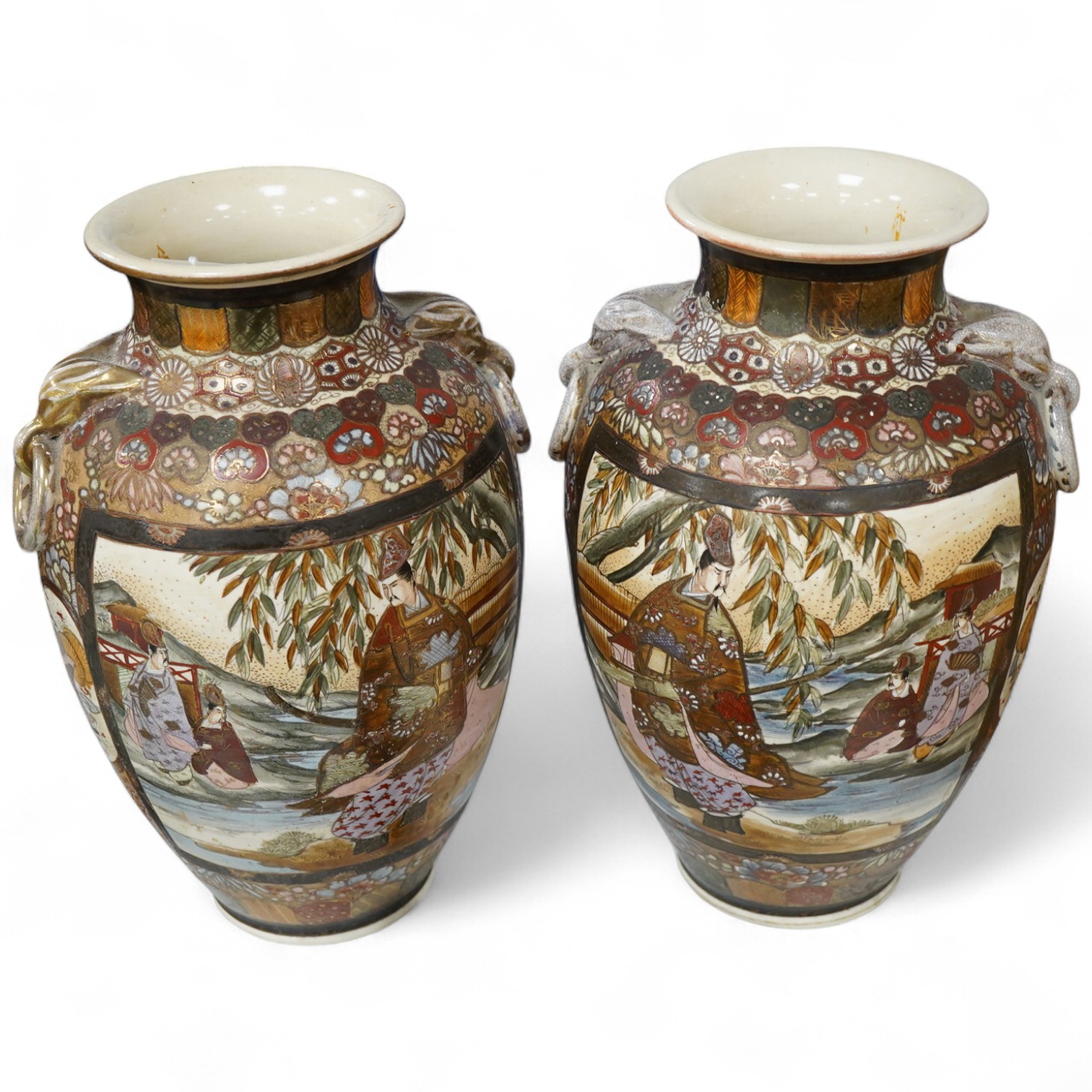 A pair of Japanese Satsuma pottery vases, 30cm high